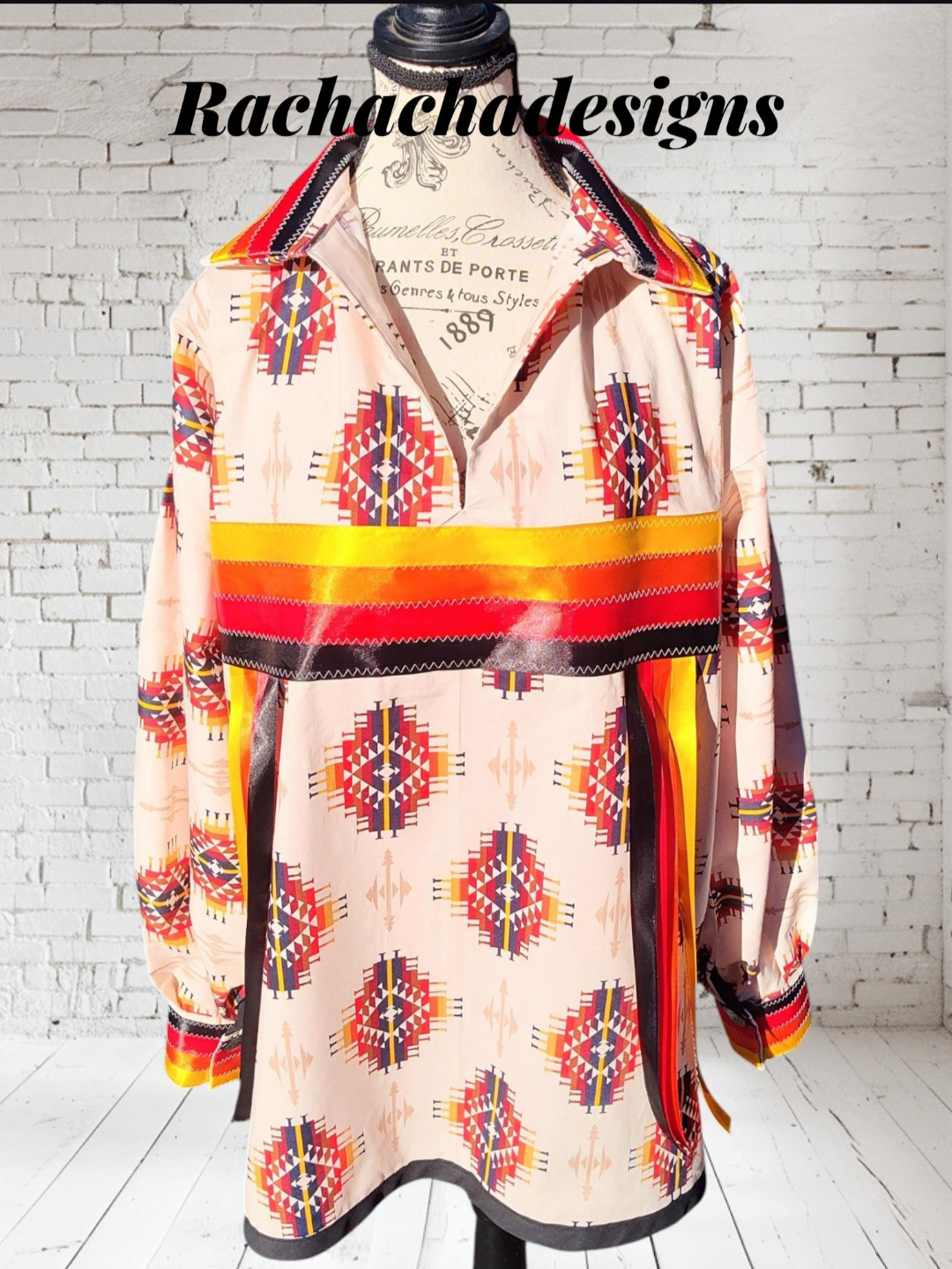 Ribbon Shirt Native American Made Hand Made Tribal Print Fire Color