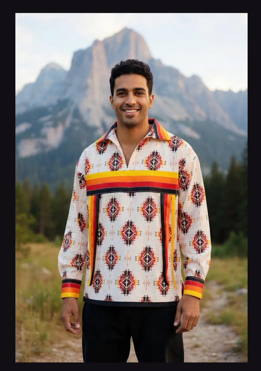Ribbon Shirt Native American Made Hand Made Tribal Print Fire Color