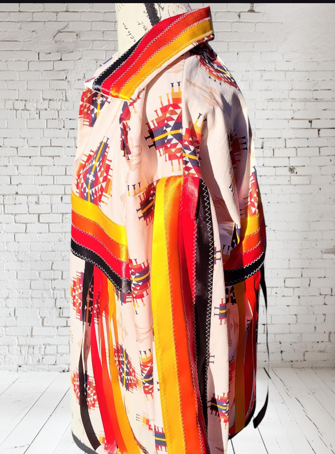 Ribbon Shirt Native American Made Hand Made Tribal Print Fire Color