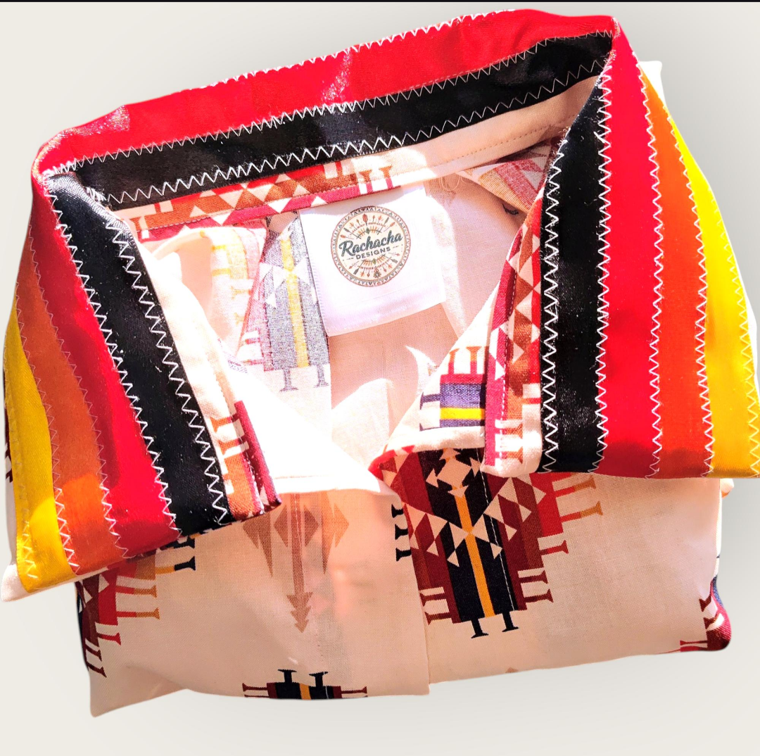 Ribbon Shirt Native American Made Hand Made Tribal Print Fire Color