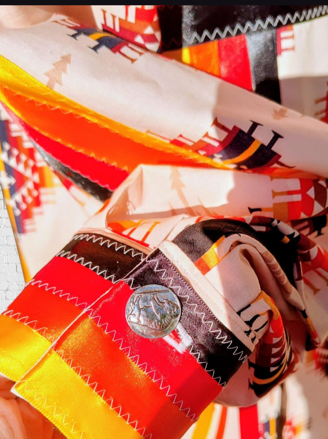 Ribbon Shirt Native American Made Hand Made Tribal Print Fire Color