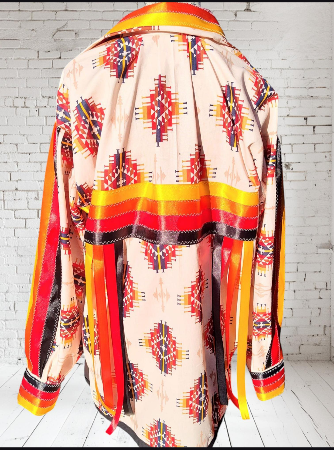 Ribbon Shirt Native American Made Hand Made Tribal Print Fire Color